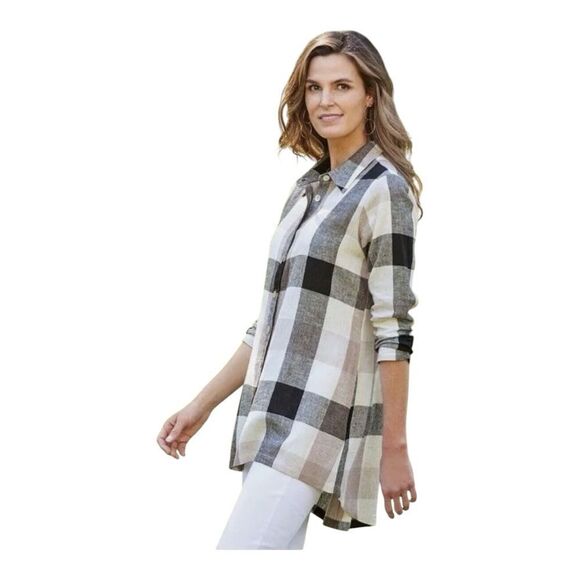 Soft Surroundings Tops - Soft Surroundings Plaid Carreaux Linen Blend Button Up Back Zip Shirt  Large